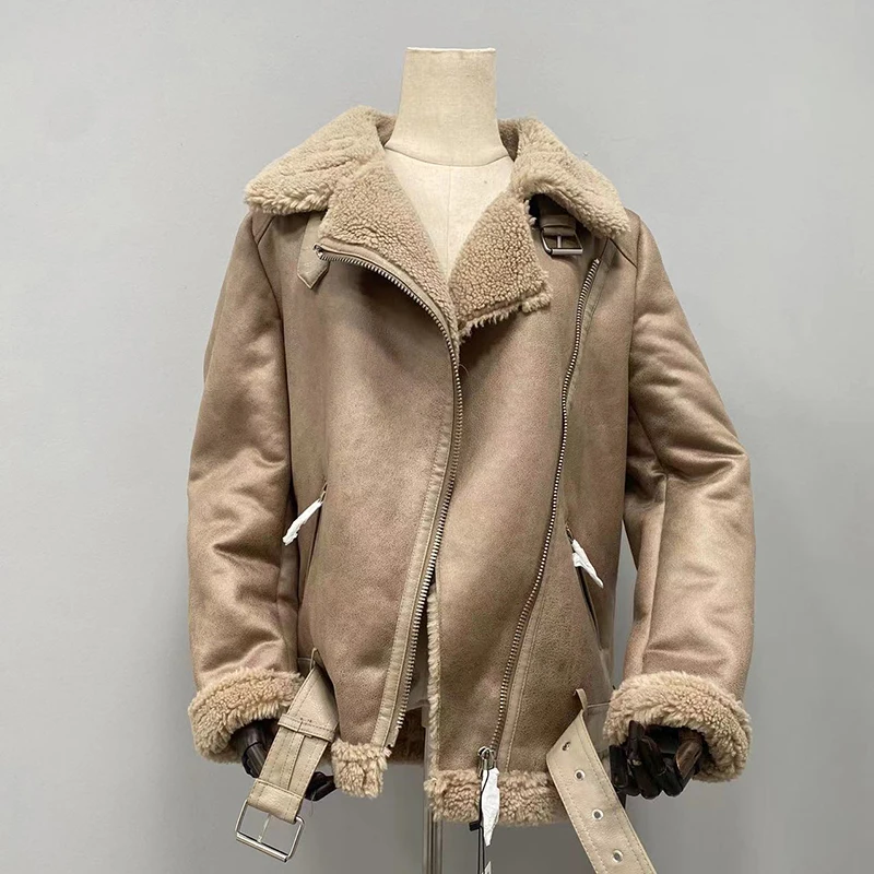 

Осенне-зимняя женская кашемировая Свободная куртка из овечьей кожи, теплая куртка из искусственной кожи, Байкерская женская верхняя одежда на молнии