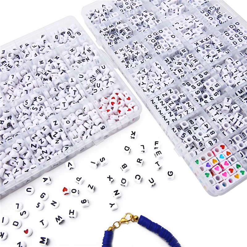 6x6mm Acrylic English Alphabet Letter Beads Kits, Stretch Cords for Name Bracelets, Jewelry Making, 1200Pcs per Box