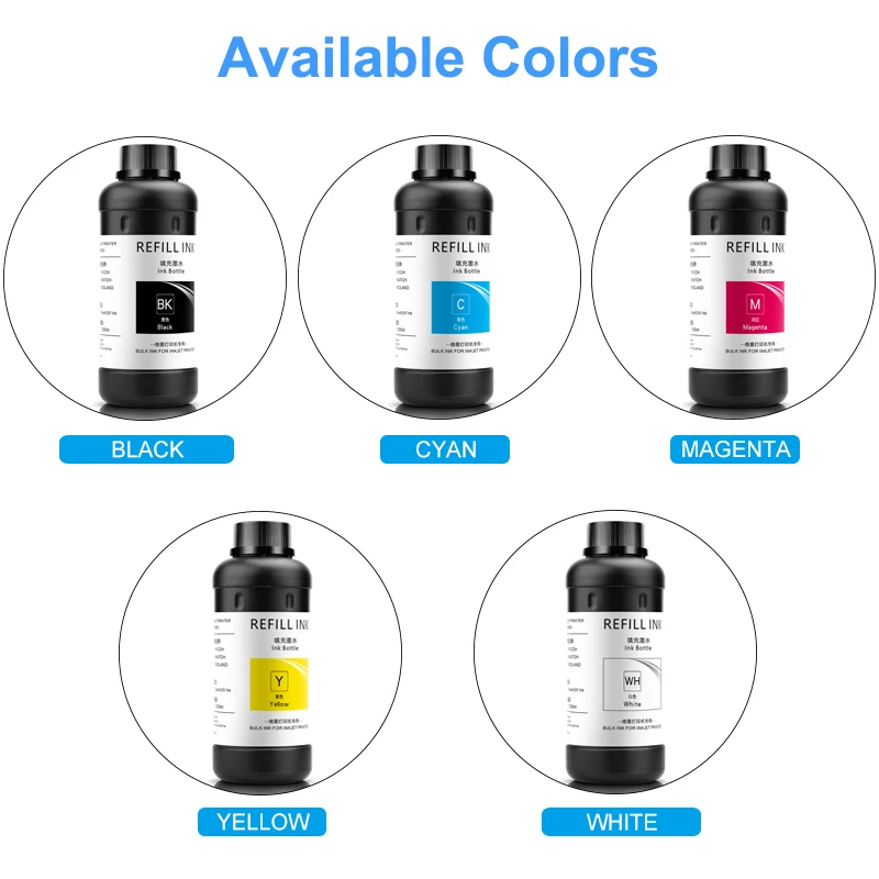5&times;500ML LED UV Ink For DX4 DX5 DX6 DX7 DX10 TX800 XP600 Printhead For Epson 1390 L800 L1800 L805 R1800 R1900 UV Modified Printer