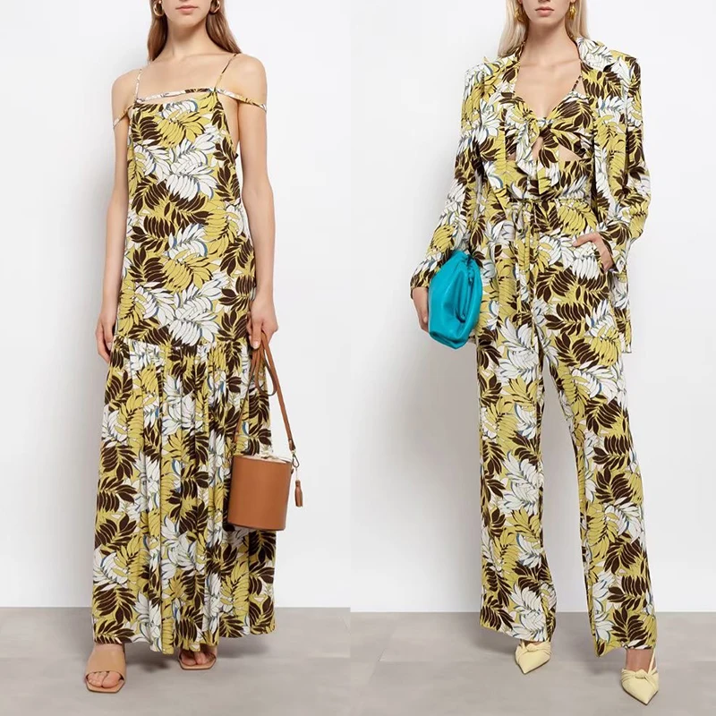 

Yellow and White Leaf Print Soft Women's Clothing Cloth for Dress Sewing Per Meter Mulberry Silk Twill Stretch Satin Fabric