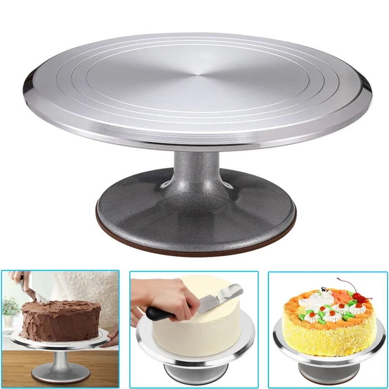 

12in Aluminum Alloy Cake Turntable 360° Rotating Cake Mounting Table Baking Tool Cakes Decorating Turn Table with Decor Bakeware