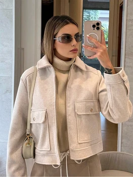 Veste à fermeture éclair pour femme SLTNX, nouvelle veste d'hiver à manches longues avec poches, veste courte élégante pour femme
