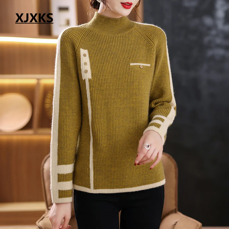 

XJXKS 2022 Winter Latest High Quality Wool Pullover Women's Turtleneck Sweater Fashion Colorblock Knitted Top