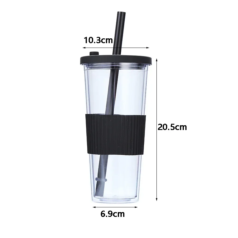 thumbnail image 5 of Vaso de plástico para batidos, 24 oz, con pajita y tapa de silicona, reutilizable, de doble pared, para café helado, 5 of 5