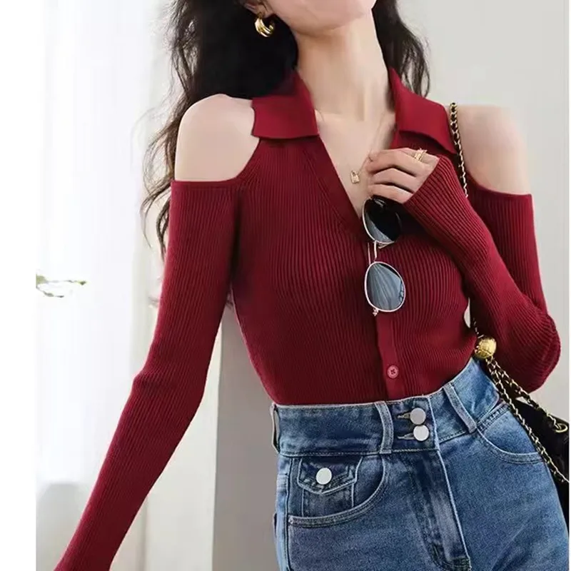 New Autumn and Winter Women's Clothing Lapel Sexy Off-the-shoulder V-neck Women's Long-sleeved Sweater Fashion Cardigan Knitwear