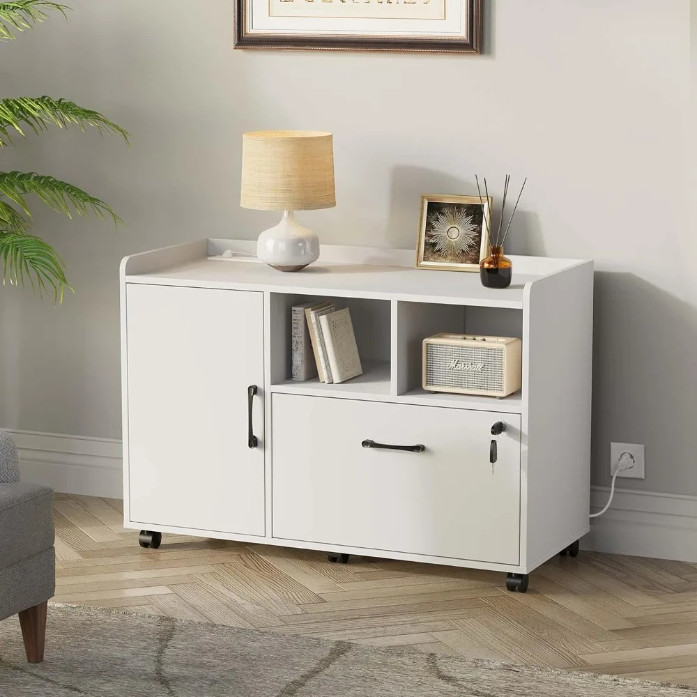 File Cabinet, with Charging Station, Mobile Lateral Filing Cabinets with Locking Drawer, with Open Storage Shelf, File Cabinet 2 drawer locking file cabinet with charging station files cabinets for documents rolling printer stand with open storage shelf