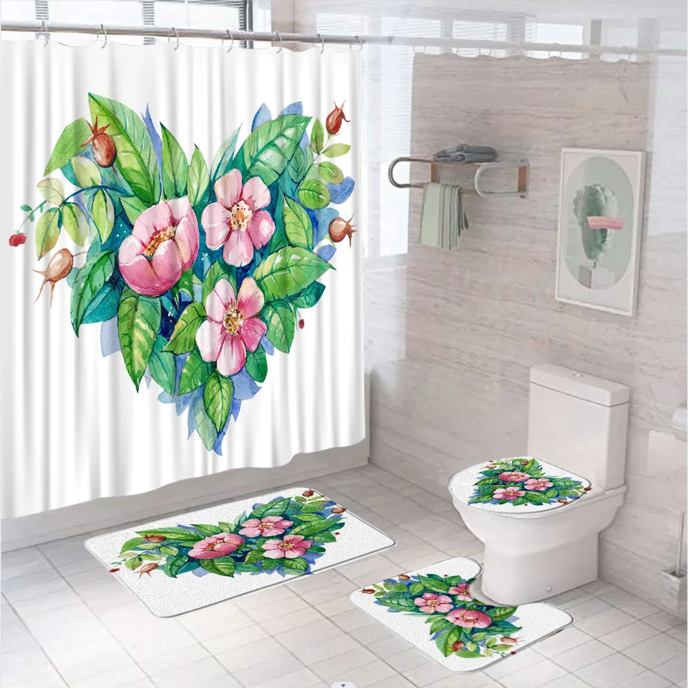 

4PCS Heart Leaves Flowers Shower Curtain Sets Watercolor Plant Floral Bathroom Decor Screen Non-Slip Bath Mat Toilet Rug Carpet