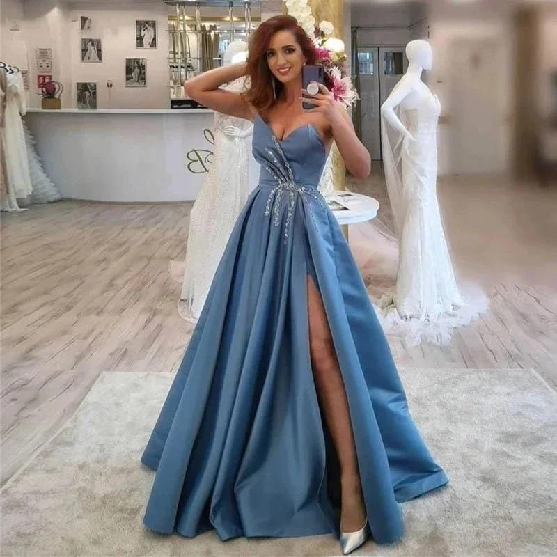 

Elegant and Sexy Princess Satin A-line V-neck Side Split Sweet Party Formal Occasion Evening Dress Women's Evening Party
