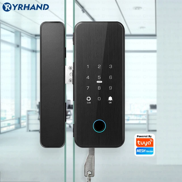 YRHAND Drill free Bluetooth Biometric Fingerprint RFID Card Code Remote Control Tuya App Electronic Smart Glass Door Lock 2