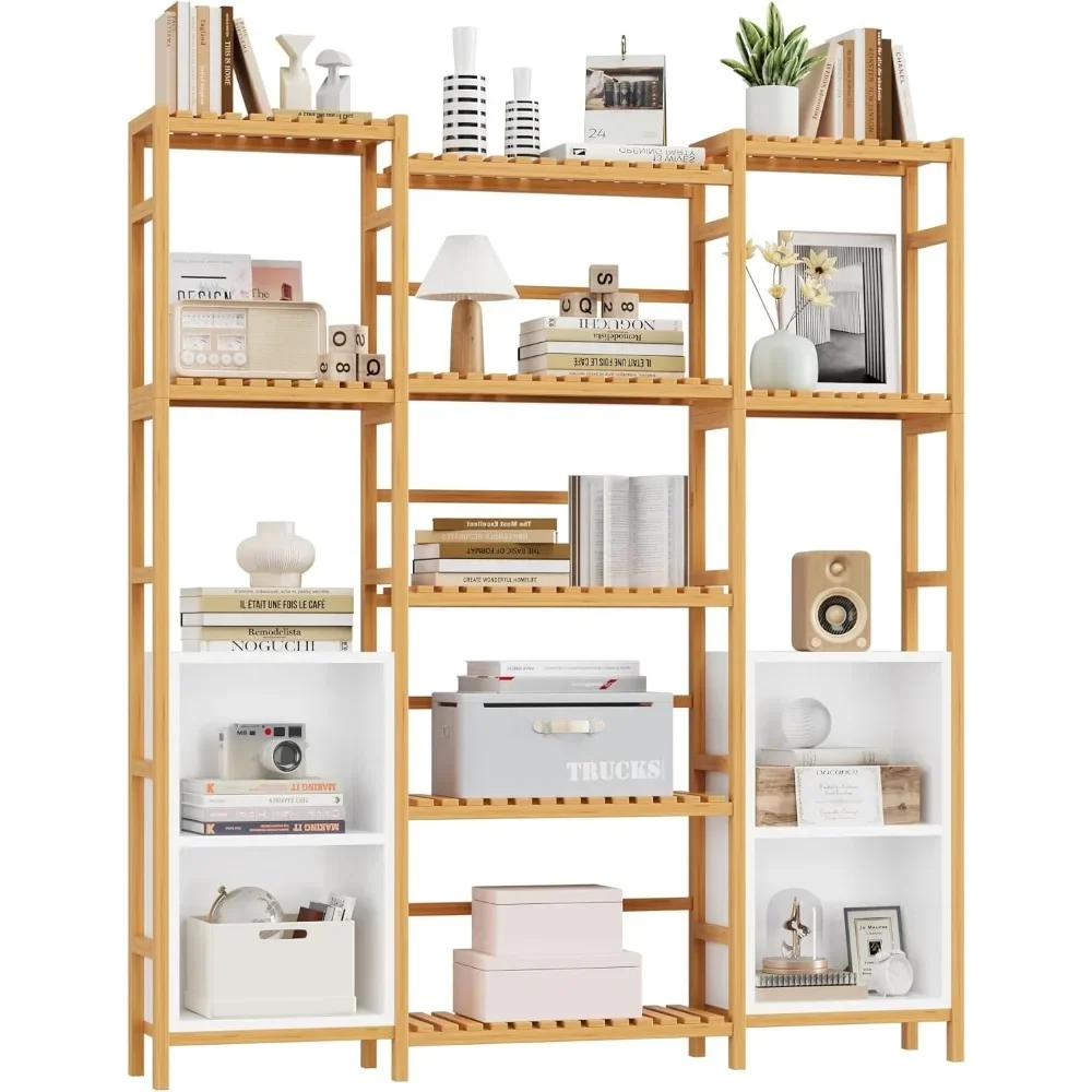 Bamboo Shelf Bookcase, Triple Wide Bookshelf with 4 Cubes & 9 Shelves, Large Bookshelf with Storage, Plant Shelf Bathroom Shelf 6