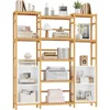 Bamboo Shelf Bookcase, Triple Wide Bookshelf with 4 Cubes & 9 Shelves, Large Bookshelf with Storage, Plant Shelf Bathroom Shelf 6