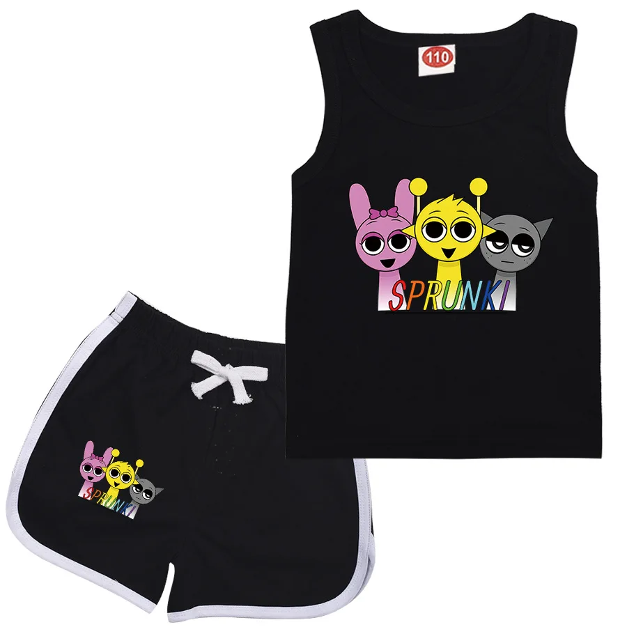 2Pcs Sets Game Sprunki T Shirt for Kids Cartoon Sports Suit for Toddler Boys Short Sleeve Vest and Shorts Summer Clothes kids clothing set kids t shirt kids sports suit children sports suit
