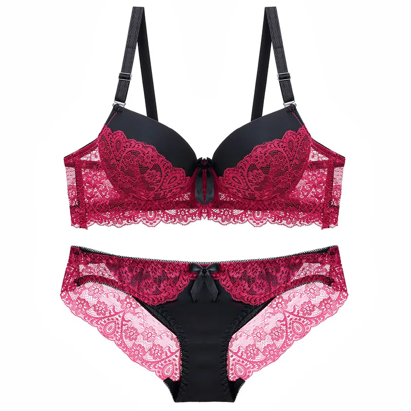 

Thin sexy lace hollow push up color matching bra set for women