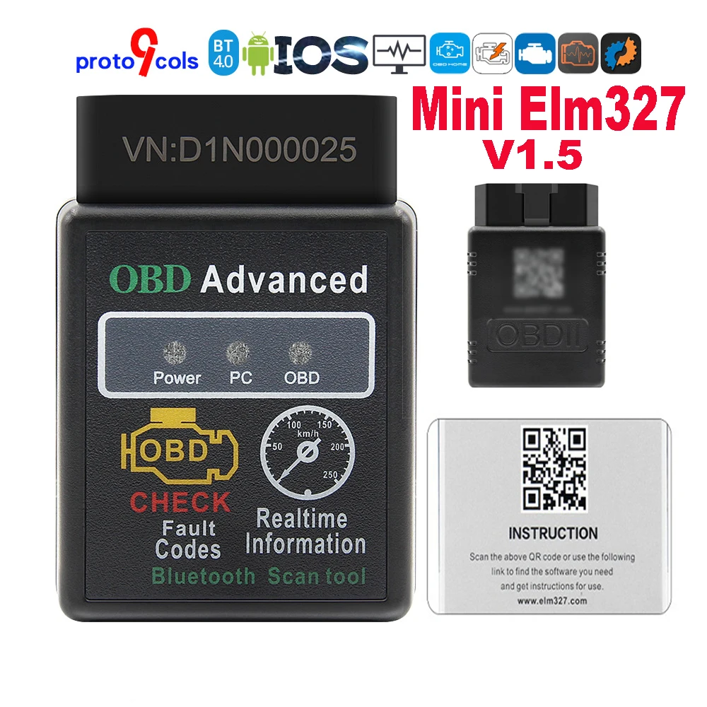 

H H OBD ELM327 V1.5 BT4.0 Car Scanner With All Protocols Diagnostic Adapter Tester Code Reader Repair Tool OBD2 Mini Elm 327