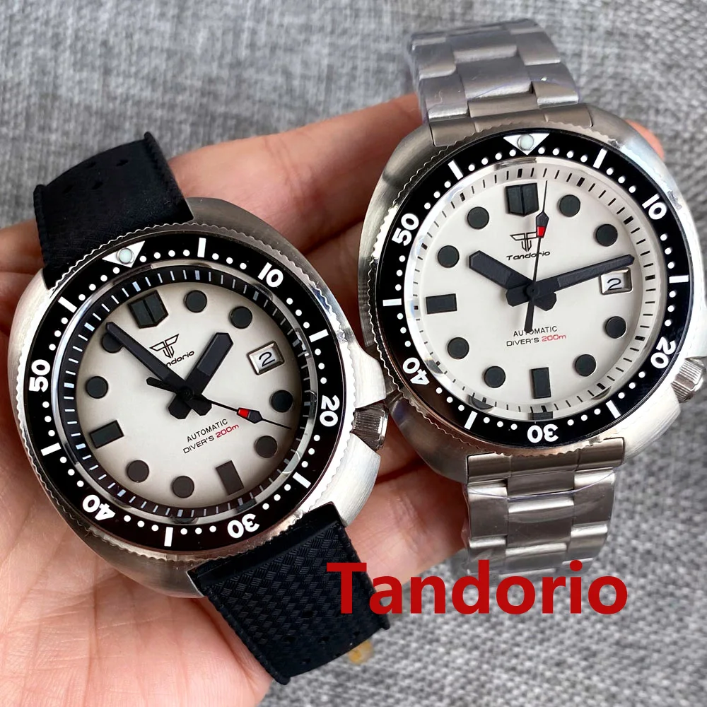 44mm Tandorio NH35A Automatic Movement Mens Watch 20ATM Diver Sapphire Glass Green Luminous Rubber/Stainless Steel Strap Date