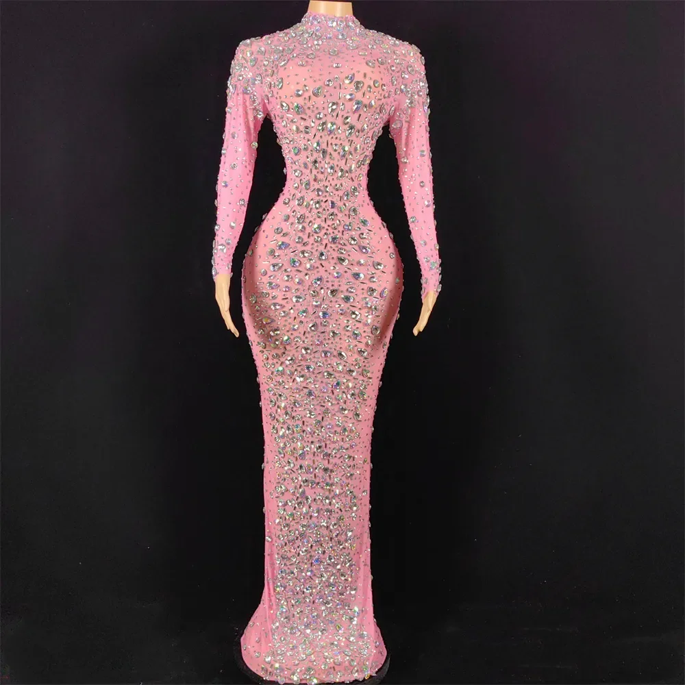 

Sexy Stage AB Rhinestone Pink Long Dress Mesh Birthday Celebrate Evening Wear Female Singer Show See Through Photography Dress