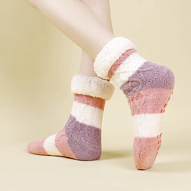 Women Thermal Fuzzy Sock Comfy Winter Warm Sleeping Soft Female Plush Non Slip Grip Silicone Short Slipper Floor Sock House Home