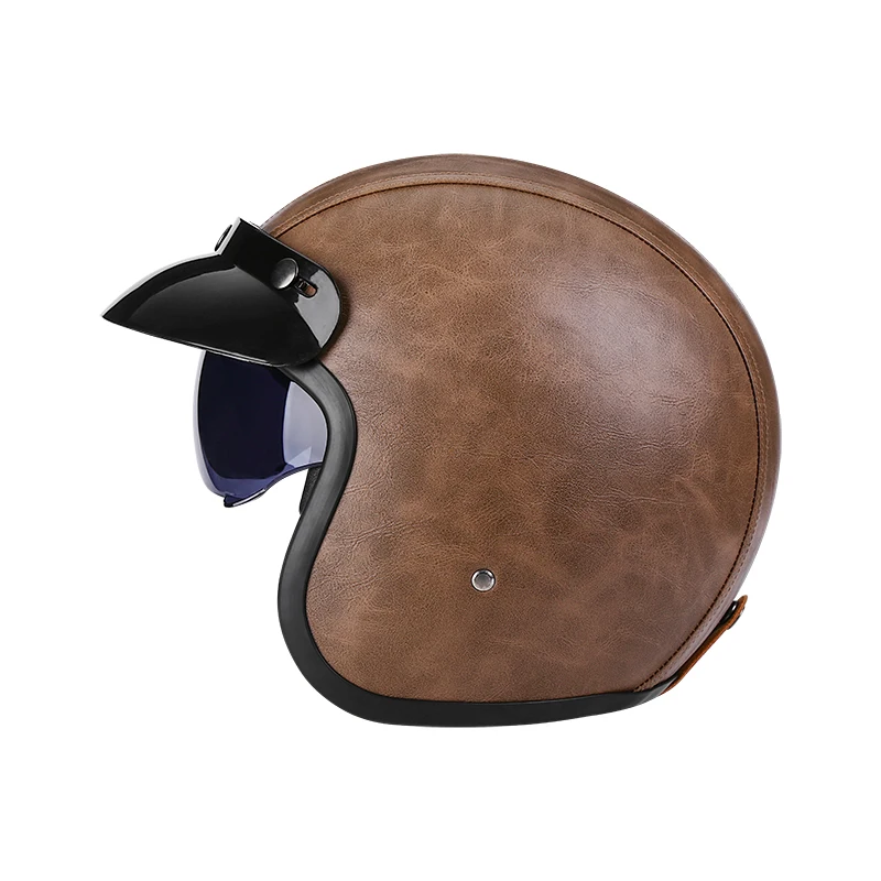 MTN 블랙 브라운 가죽 패브릭 오픈 페이스 오토바이 헬멧 카스코 모토 가죽 클래식 빈티지 헬멧, 버블 마스크 포함 