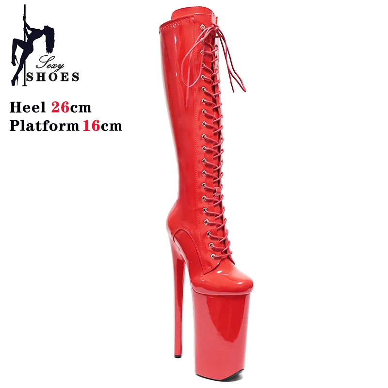 Women's Boots Trend 2025 Red Knee High Boots Lace Up Knee-High Boots Nightclub Platforms Pole Dancing Shoes Heels 26CM Stiletto