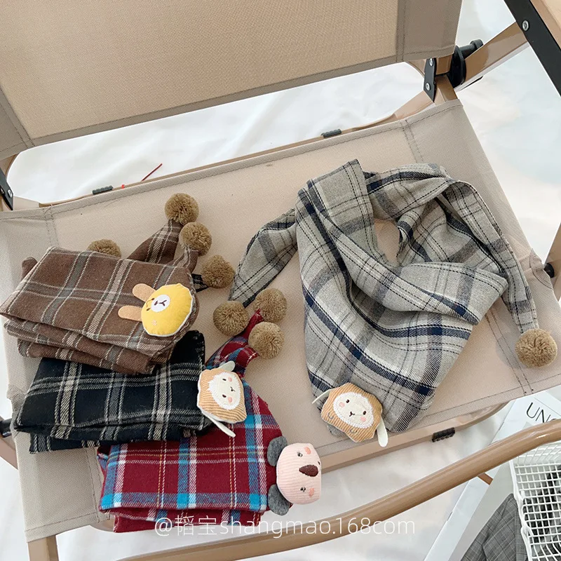 Cute Bear Checkered children's Triangle Scarf Autumn Winter all-match Boys And Girls Headscarf Cotton Scarf Children 24W014 winter accessories