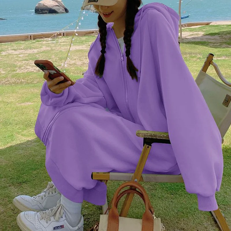 Autumn Winter New Solid Color Fashion Long Sleeve Hoodies Women Casual Loose Zipper Pocket Plus Velvet Warm All-match Longcoat