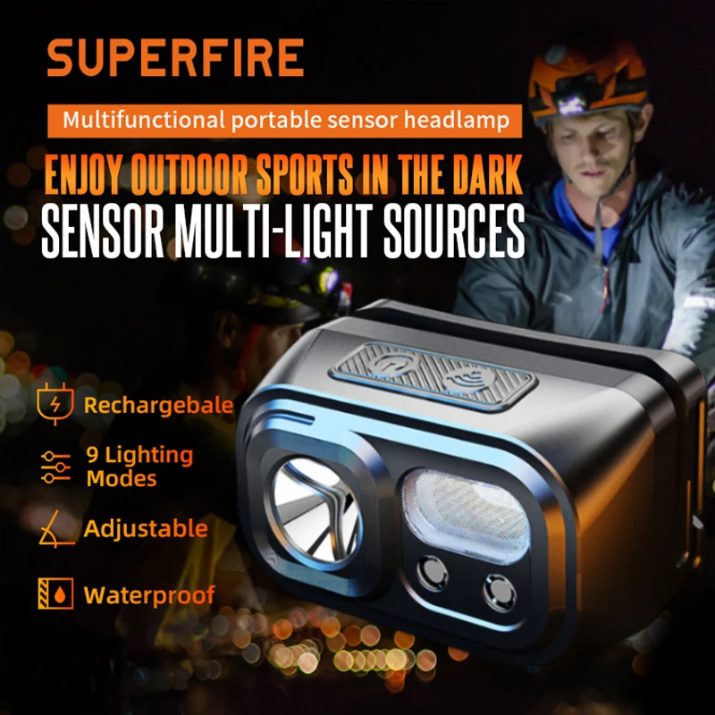 

SUPERFIRE HL23 Mini LED USB-C Rechargeable Headlamp Motion Sensor Headlight 9 Modes Light for Camping Fishing Working Lantern