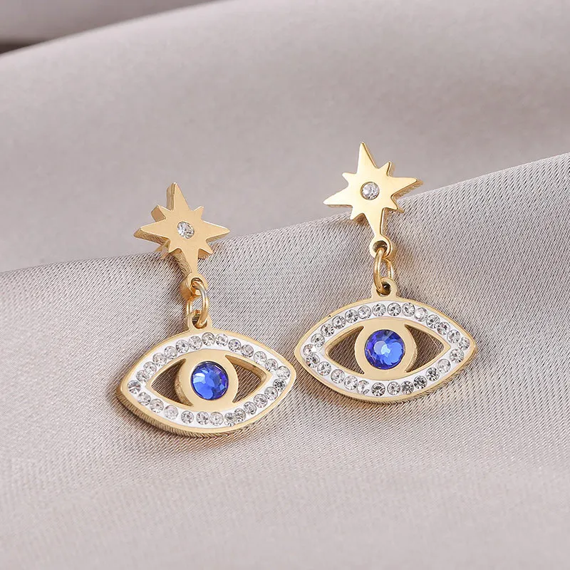 

S3428 Fashion Jewelry 14 Gold Plated Evil Eye Dangle Earrings Titanium Steel Zircon Blue Eyes Stud Earrings
