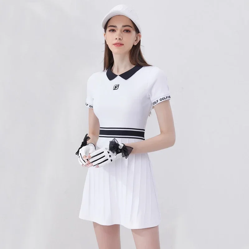 Spring and Summer Golf Tennis Dress for Women Korean Slim Waist Badminton Short Sleeved Polo Shirt Dresses Female Golf Skirt