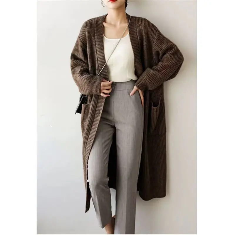 Japanese Medium to Long Knitted Cardigan Jacket for Women in Autumn and Winter Retro Loose and Thick Knit Sweater for Outerwear