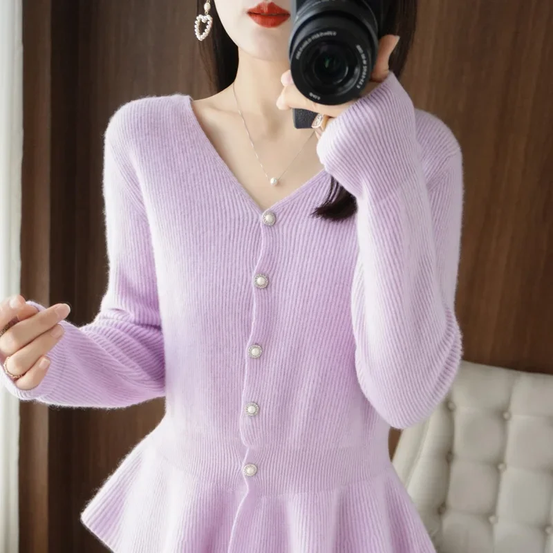 

100% Pure Wool Cardigan Sweater Fashion Trend Ladies V Neck Cashmere Sweater Autumn Winter Hot Sale Long Sleeve Knitwear