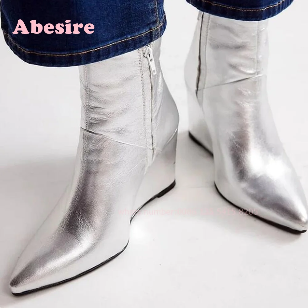 Silver Laminated Pointy Toe leather Ankle Boot booties Italy Madison Maison