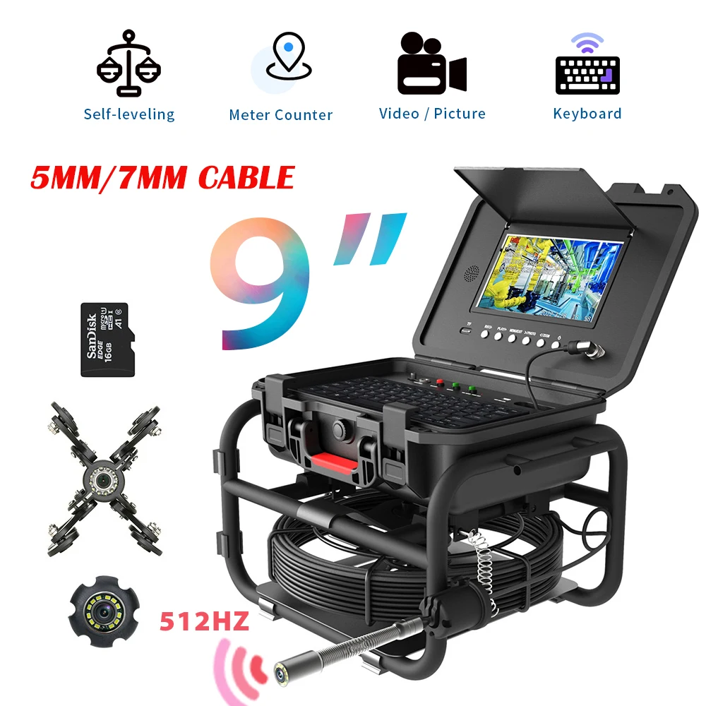 하수관 검사 카메라, 9 인치 IPS 1080P 셀프 레벨링, 케이블 512HZ 로케이터, 비디오 오디오 녹음, 5X 이미지, 계량기 카운터, 5mm, 7mm 