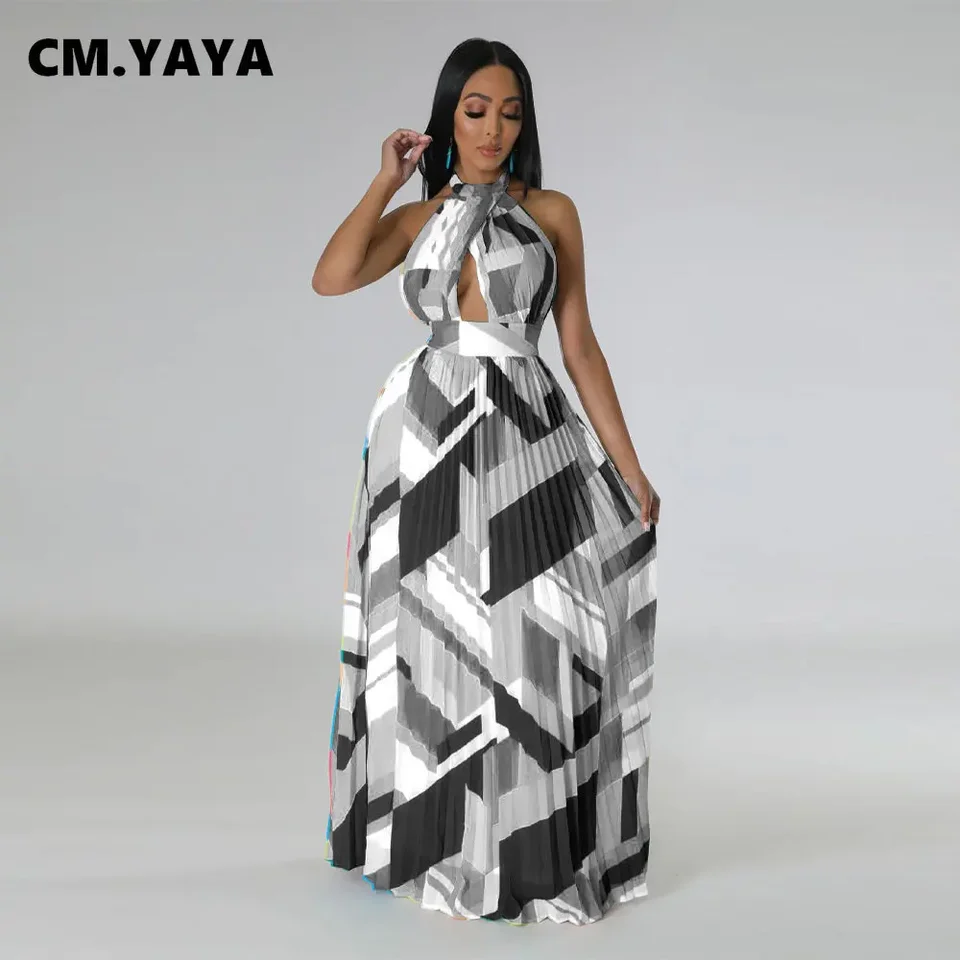 【yaya】EXOTIC PATTERN CAMISOLE DRESS CM.YAYA Women Geometrical Striped Halter Neck Backless Pleated Big