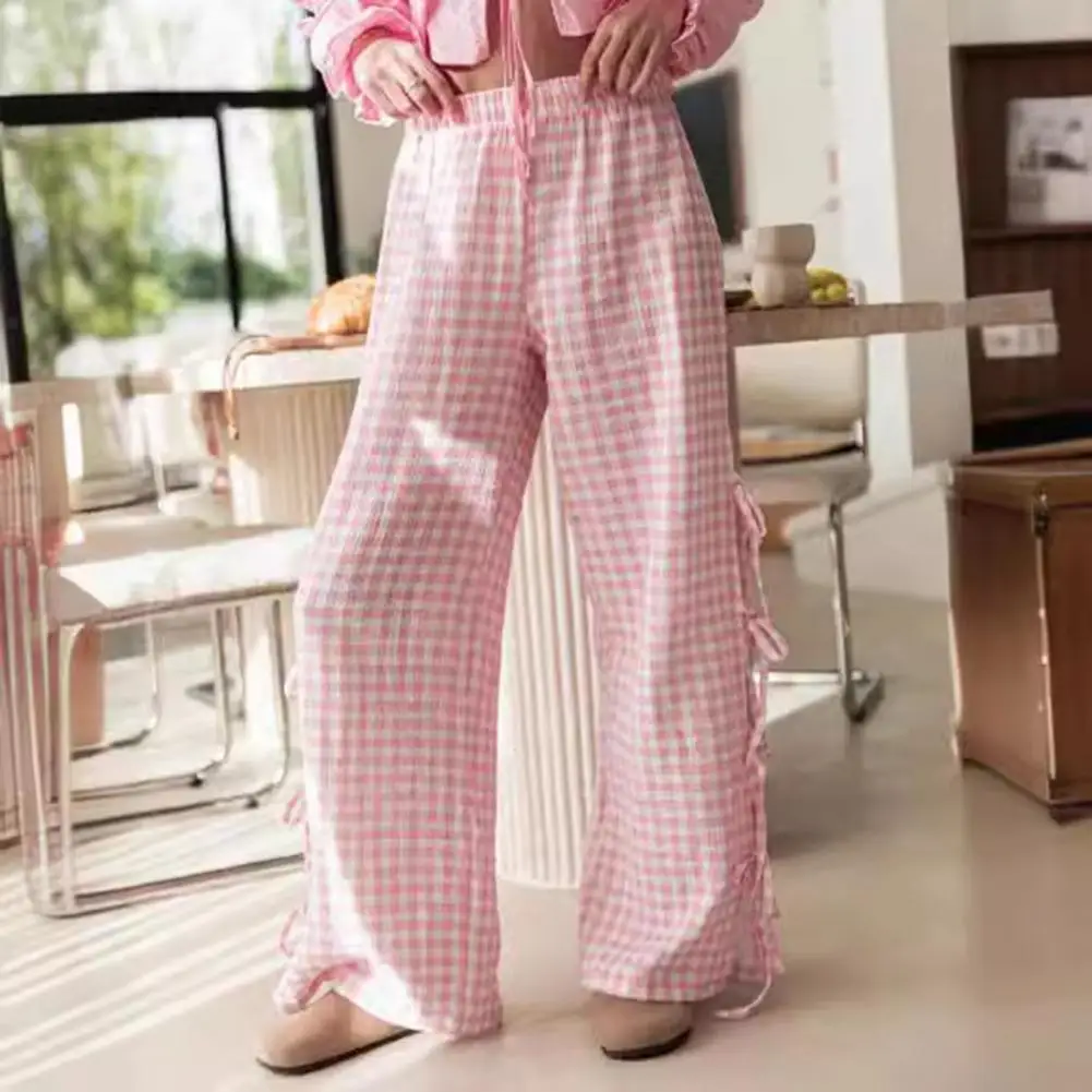 

Plaid Wide-leg Pants Plaid Print Wide Leg Trousers Stylish Mid-rise Pants with Side Slit Lace-up Bowknot Detail for Women's Work