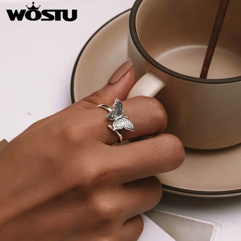 WOSTU 925 Sterling Silver Butterfly Earrings Open Ring Set Oxidized Silver for Women Girl Party Gift Vintage Adjustable Jewelry 6