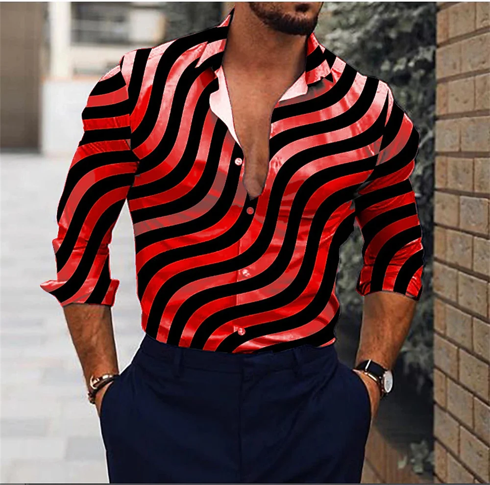 

2024 New Men's Casual 3D Irregular Pattern Printed Shirt for Daily Street Wear Spring Polo Collar Long Sleeve Button Up Shirt