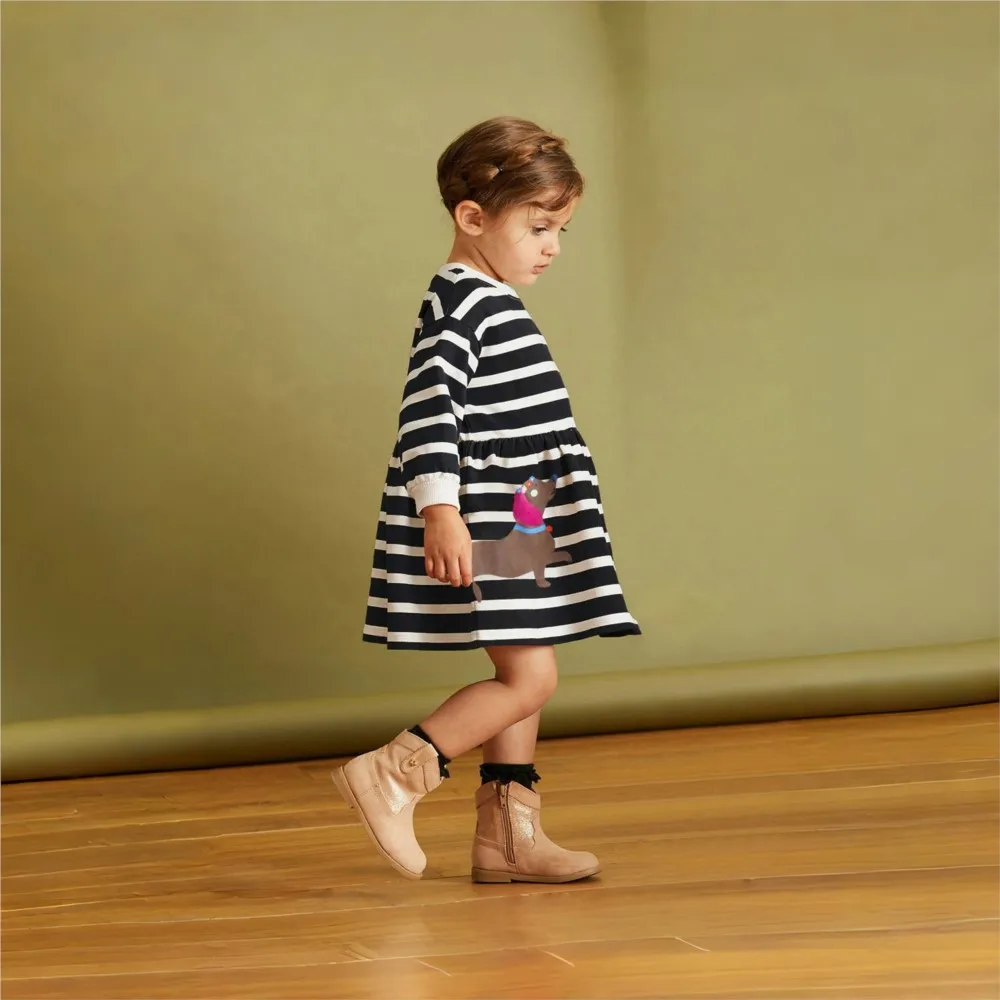 Kids Clothes Children's Clothing Baby Girls 2025 Autumn Spring Cotton Long Sleeves Striped Cartoon Dogs Dresses