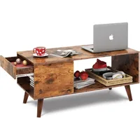 Wood Coffee Table with Sliding, Modern Center Table with Open Storage Shelf for Living Room, Bedroom,Coffee Tables 1