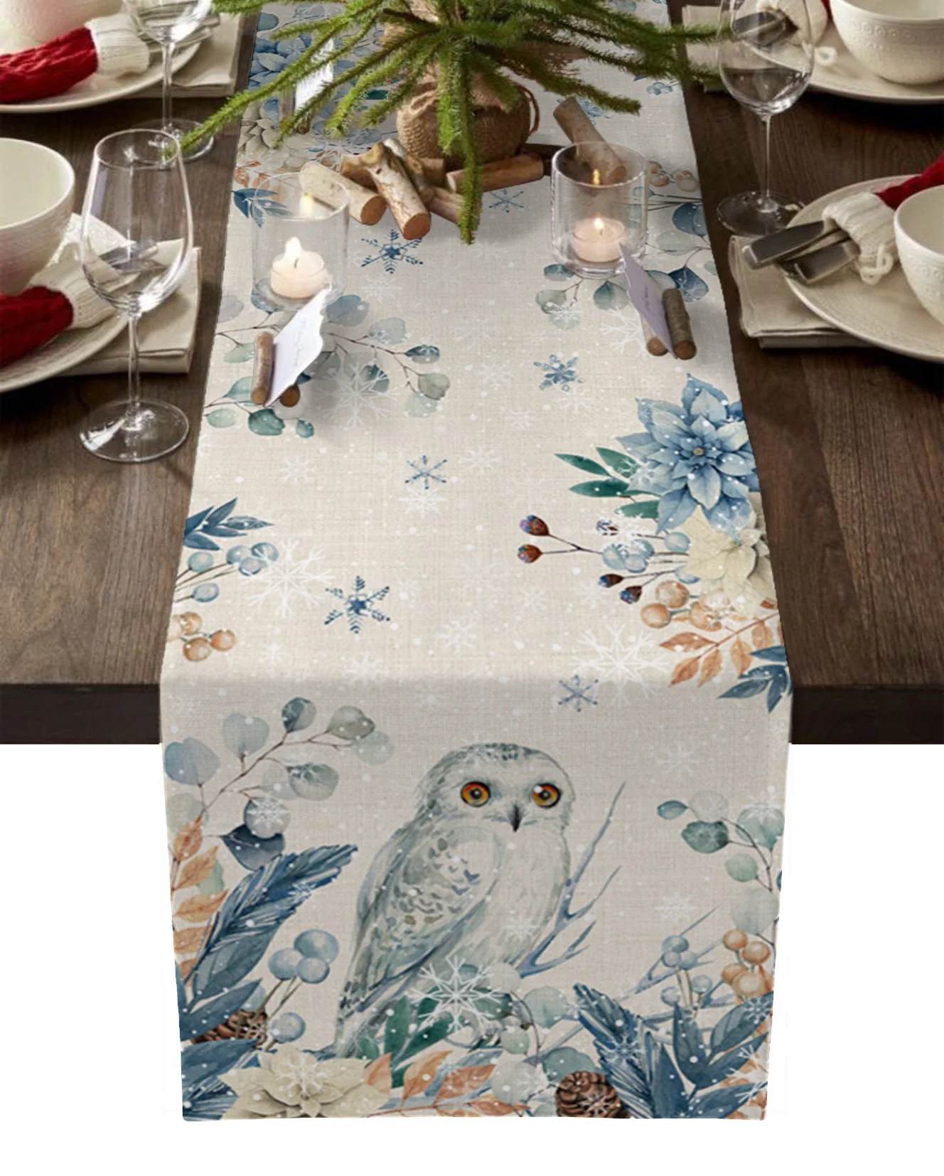 

Christmas Owl Poinsettia Eucalyptus Leaves Table Runner Linen Wedding Decor Tablecloth Holiday Dining Table Decor Table Runner