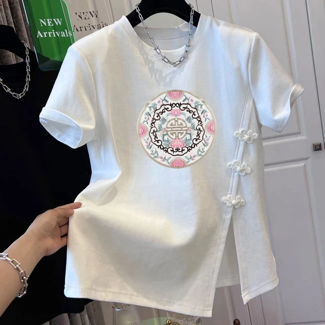 Camiseta de algodón con botones delanteros inclinados para mujer, chaqueta informal que combina con todo, estampado pesado, irregular, Retro, novedad de verano