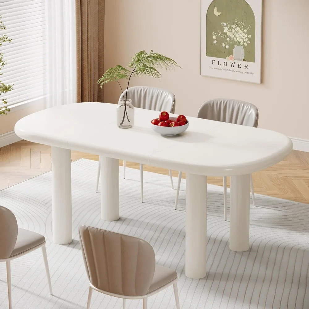 Oval Dining Table for 6 People, 63-Inch Modern Cream White Kitchen Table, Wood Dinner Table with Cylindrical Legs(Only Table)