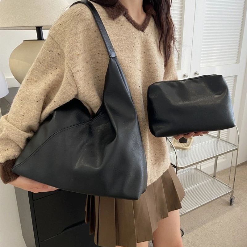Retro Designer 2-IN-1 Shoulder Bags For Women Soft PU Leather 2026 Winter New Large Capacity Underarm Hobo Shopper Totes Handbag