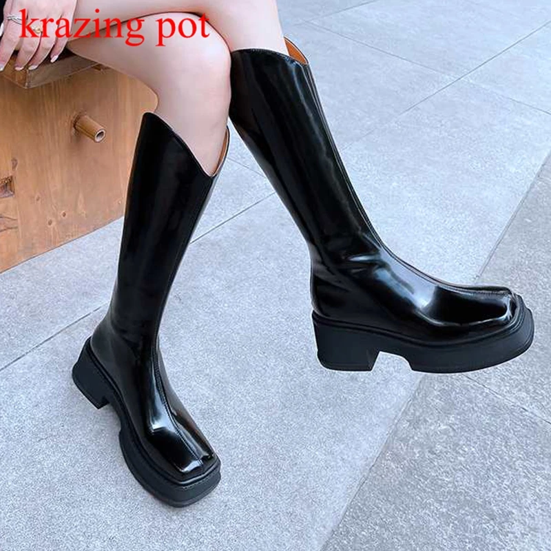 

Krazing Pot Cow Leather square Toe Zipper Platform equestrian Boots black Thick High Heels Punk Design zipper Thigh High Boots