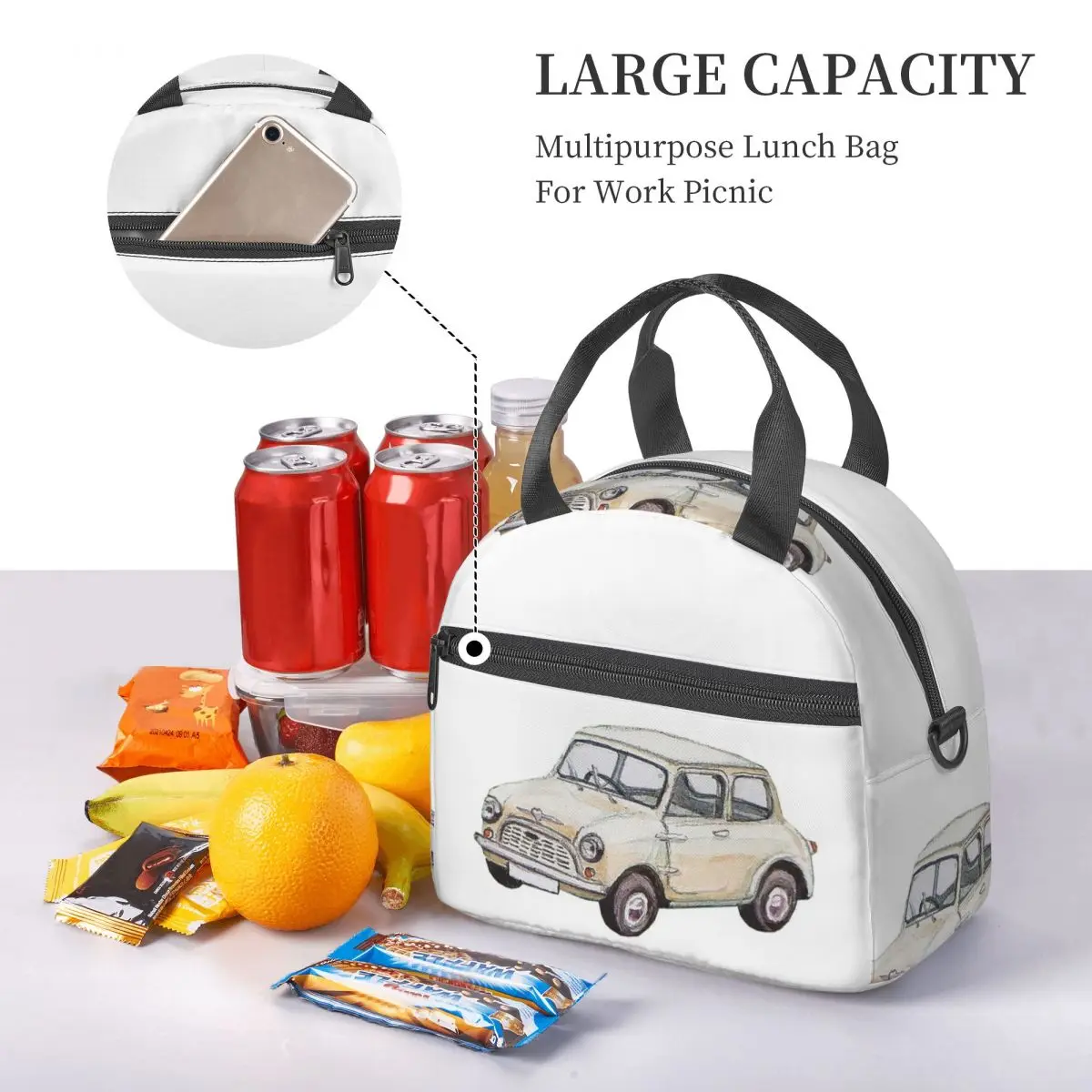 Classic White Mini Cooper In Watercolor Style Lunch Bags Bento Box Resuable Lunch Tote Picnic Bags Thermal Bag for Woman Work