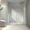 6076 Brushed Gold frameless one fixed and one shifted Shower Door,70MM 304 stainless steel large pulleys with adjustable 1