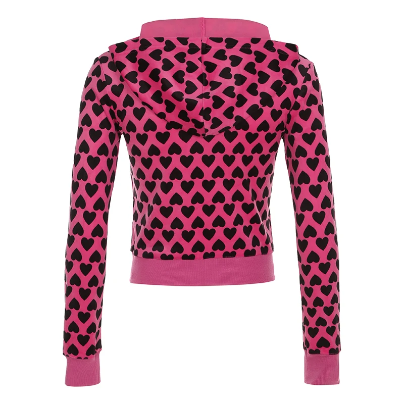 Chaqueta de terciopelo con estampado de corazón Y2K con capucha, estilo dulce rosa, abrigo de otoño con cremallera y bolsillo, ropa de abrigo ajustada retro bonita para invierno