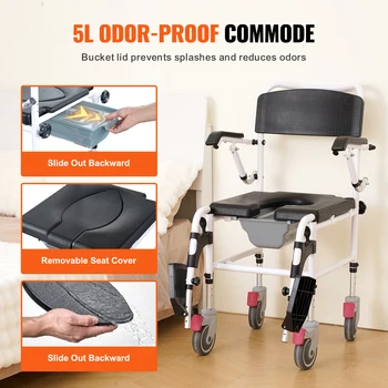 VEVOR Shower Commode Wheelchair with 4 Lockable Wheels Footrests Flip-up Arms 3-Level Adjustable Height 5L Removable Bucket 6