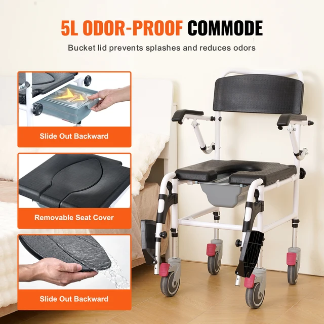VEVOR Shower Commode Wheelchair with 4 Lockable Wheels Footrests Flip-up Arms 3-Level Adjustable Height 5L Removable Bucket 6