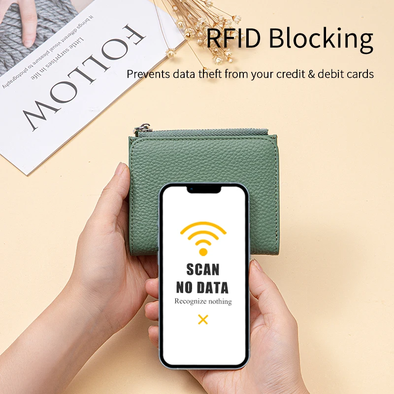 Women Genuine Leather Slim Short Wallet RFID Blocking Bi-Fold Wallet Credit Card Holder money clip wallet Zipper Coin pocket 2