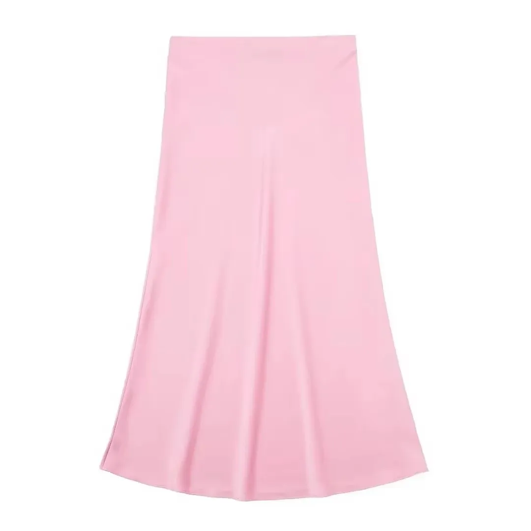 HH Skirt For Women Elegant Pink Skirts High Waist Slim Elastic Waist Satin Long Skirts 2024 Summer Casual Y2k Skirt Mujer